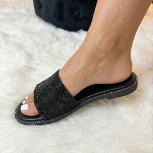 NWT Wild Diva Black Rhinestone Slide Sandals Bling Crystal Studded Slip On Flats